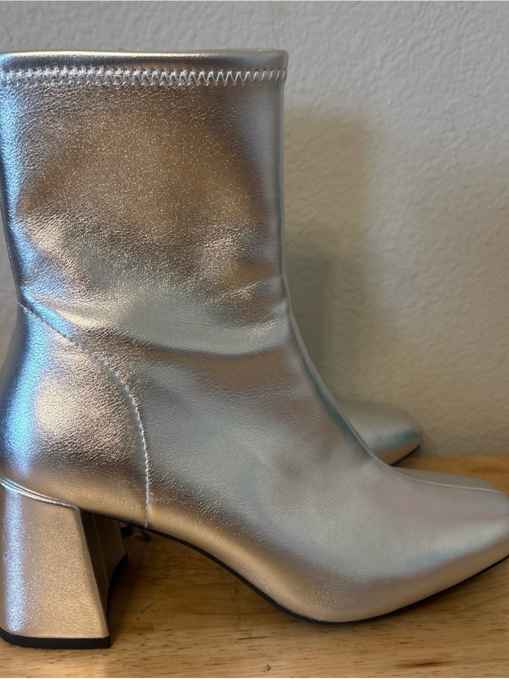 Metallic Silver Block Heel Ankle Boots Sz 7 Glam Costume Evening Disco